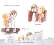 Couple going through adoption process with the text reading, "And so the process began...interviews...fingerprints...and lots of papers to sign."